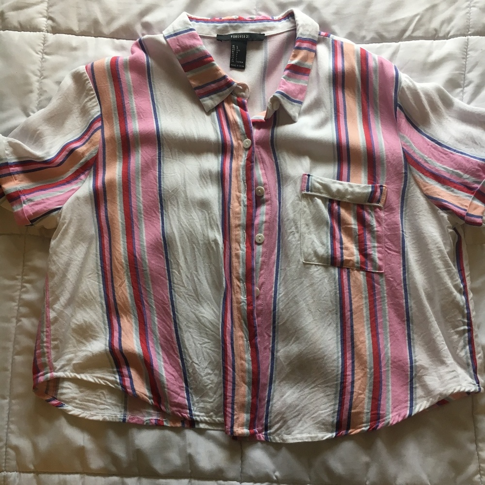 Forever21 striped collared cropped shirt